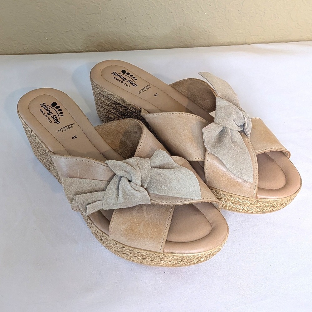 Spring Step Made in Italy Bow Espadrille Wedge‎ Sandals Beige Suede Size 42